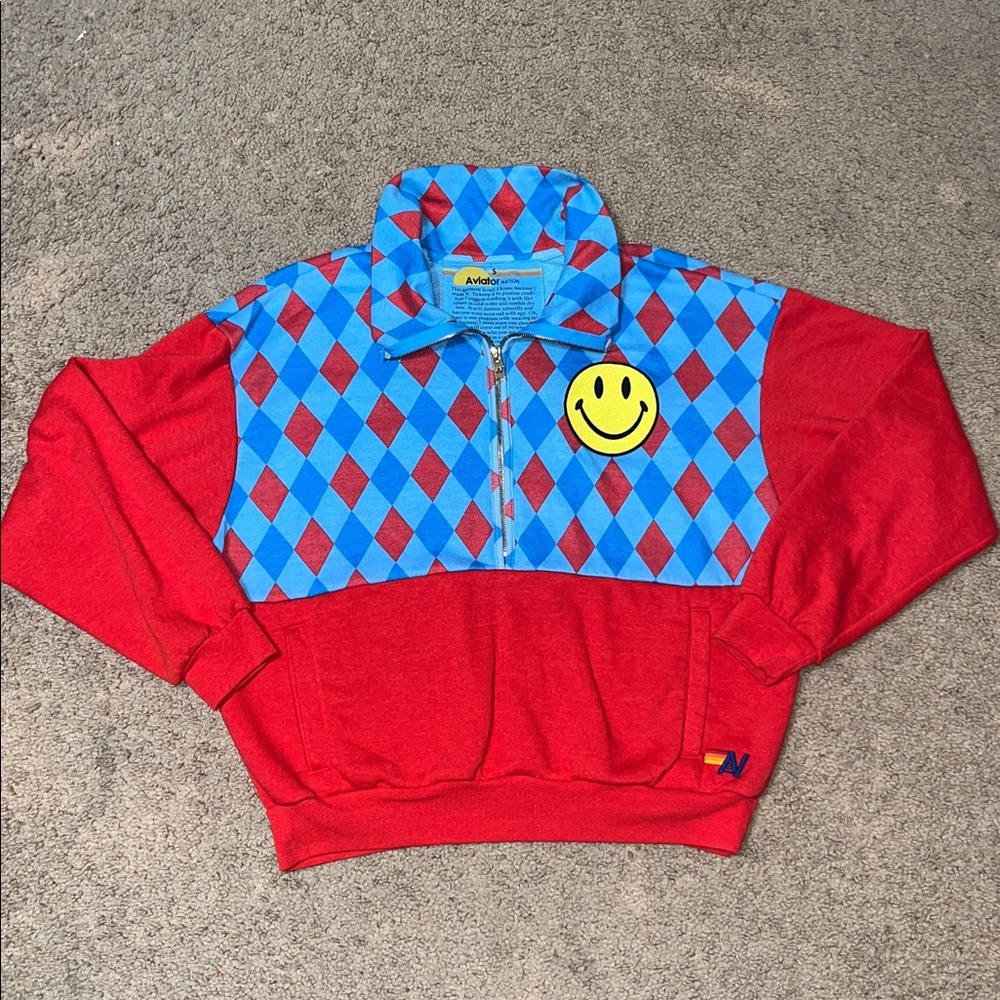 Aviator Nation Red & Light Blue Argyle Half-Zip Smiley Sweatshirt - Picture 4 of 10